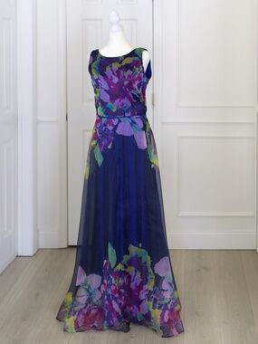 Tahari ASL Floral V-Back Chiffon Gown — Blue Multi